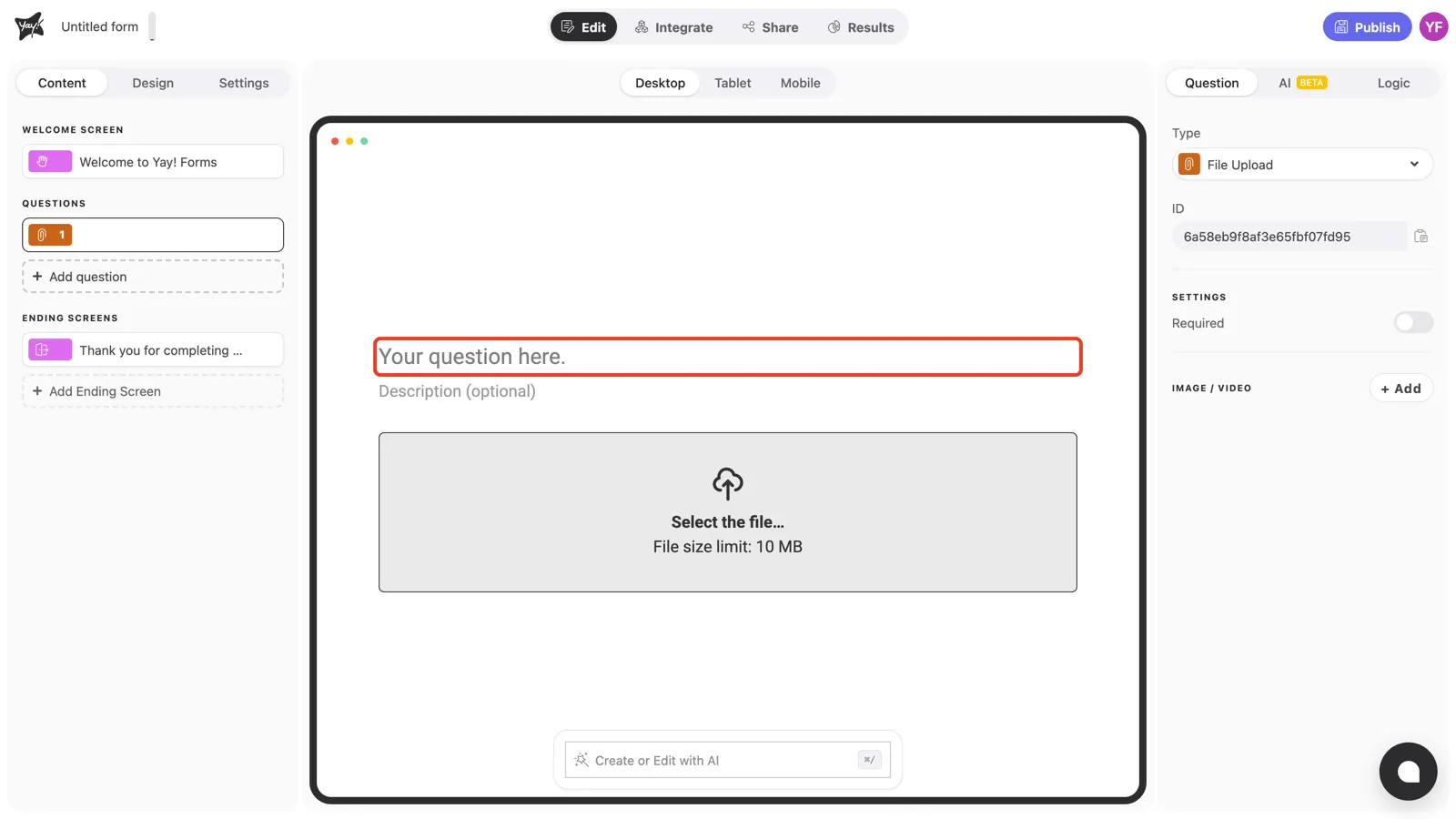 The question text field highlighted in the canvas
