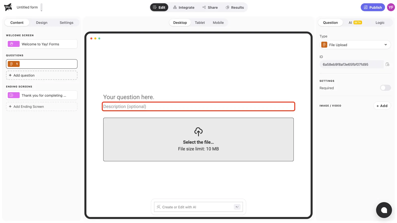 The optional description field highlighted in the canvas