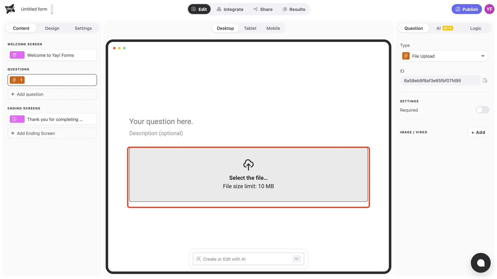 The file upload area in the canvas, showing the 10 MB size limit