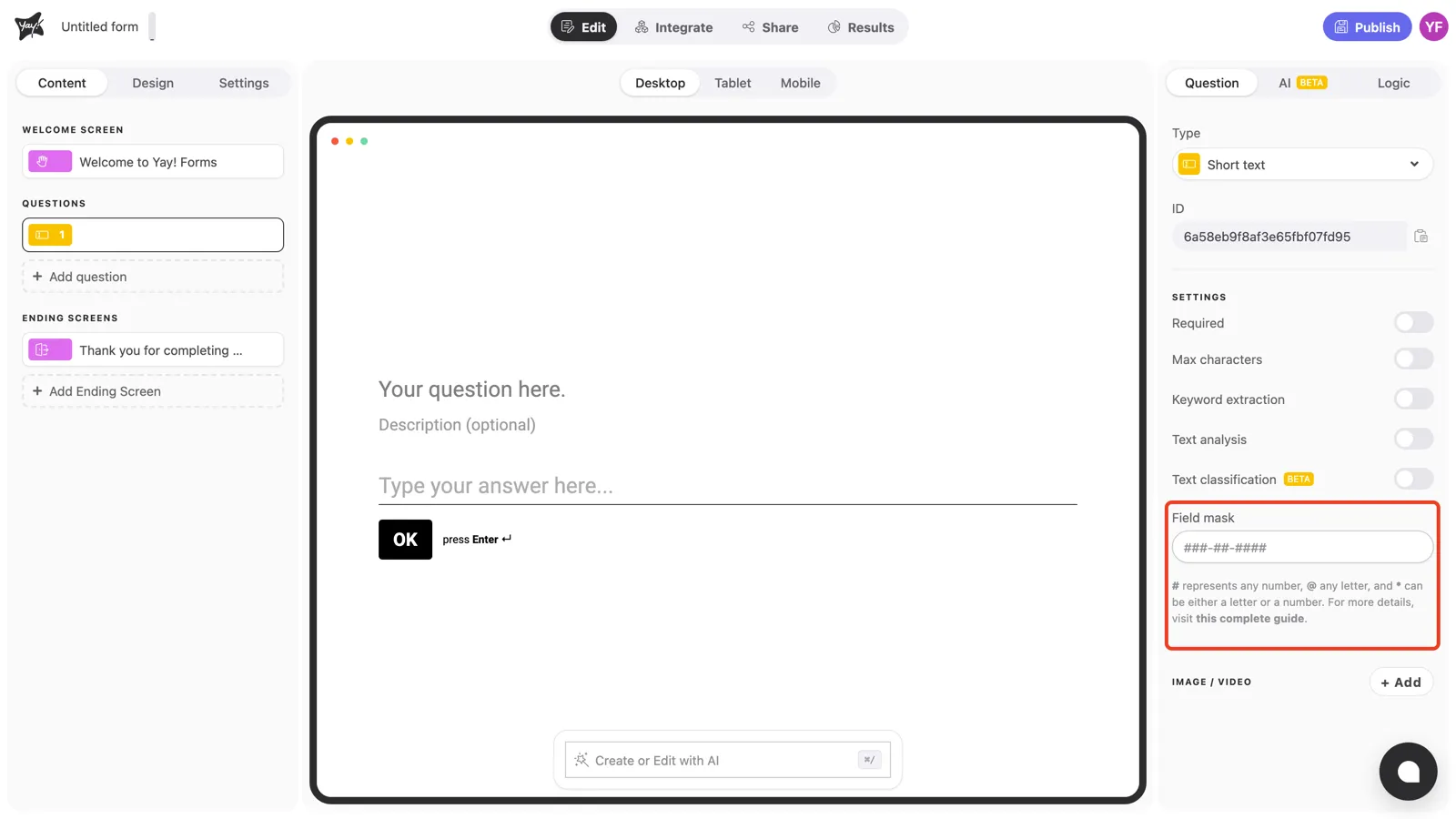 The Field mask input highlighted in the question settings