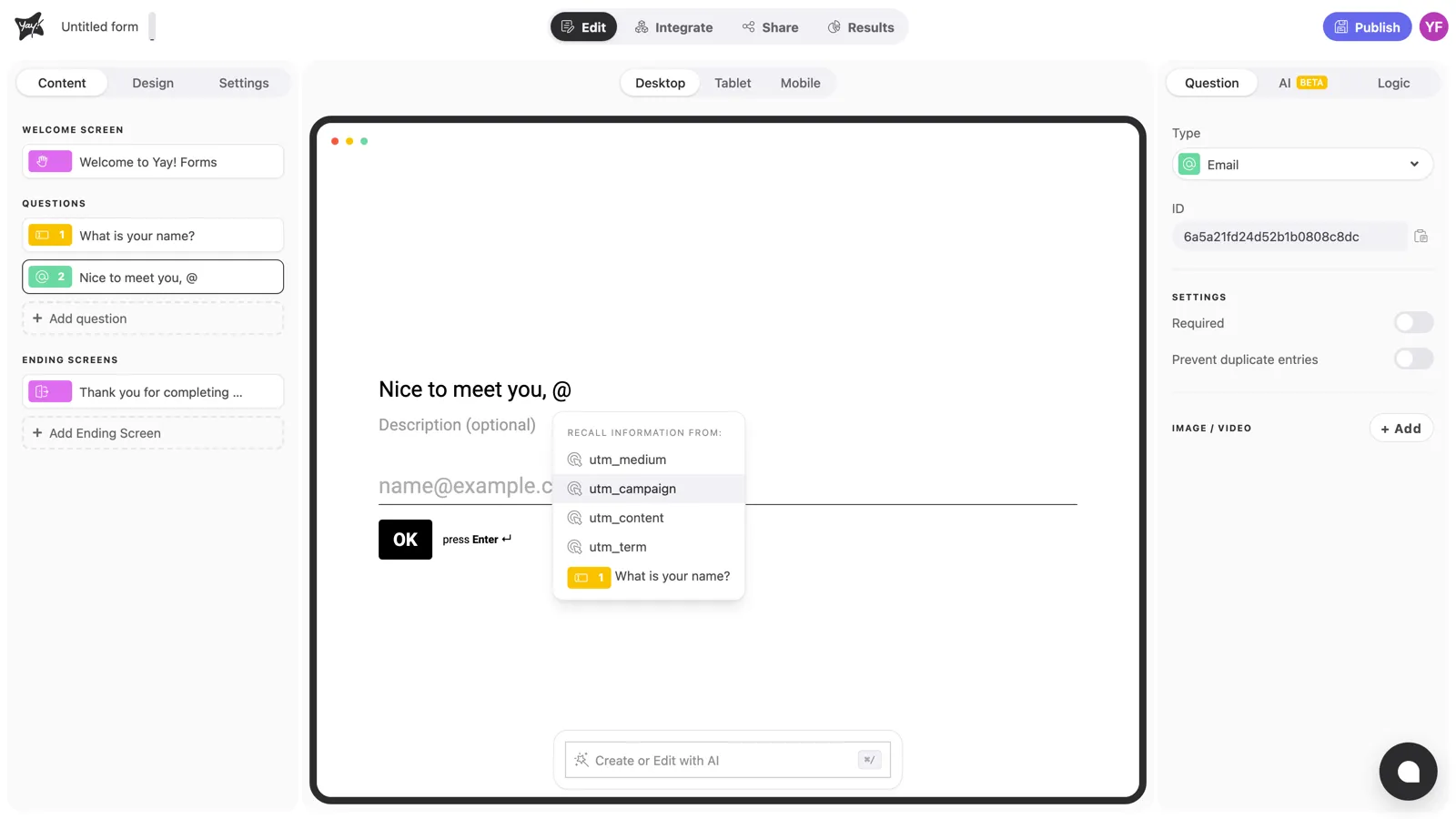The variable menu open after typing @ in the "Nice to meet you" title, showing the UTM parameters and the previous question "What is your name?"