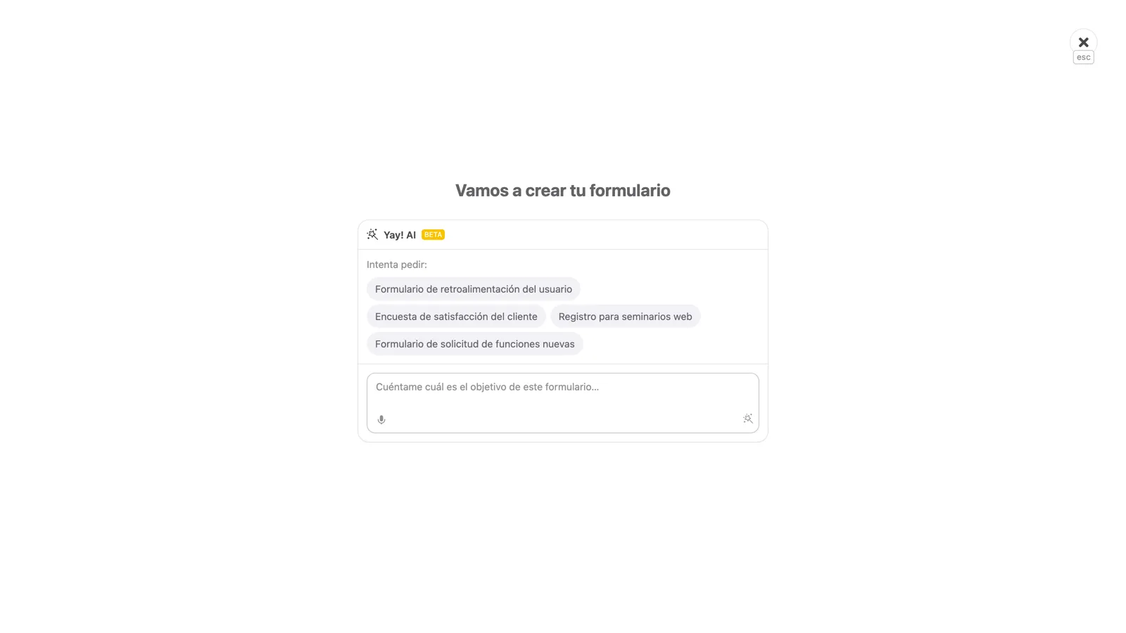 La pantalla de Yay! AI para describir el propósito del formulario