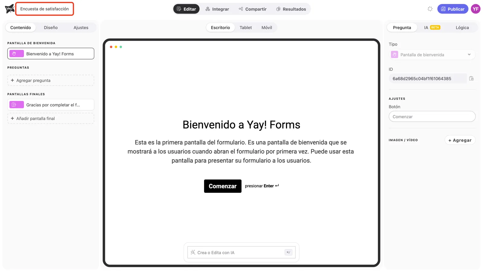 El nombre del formulario resaltado en la parte superior del editor