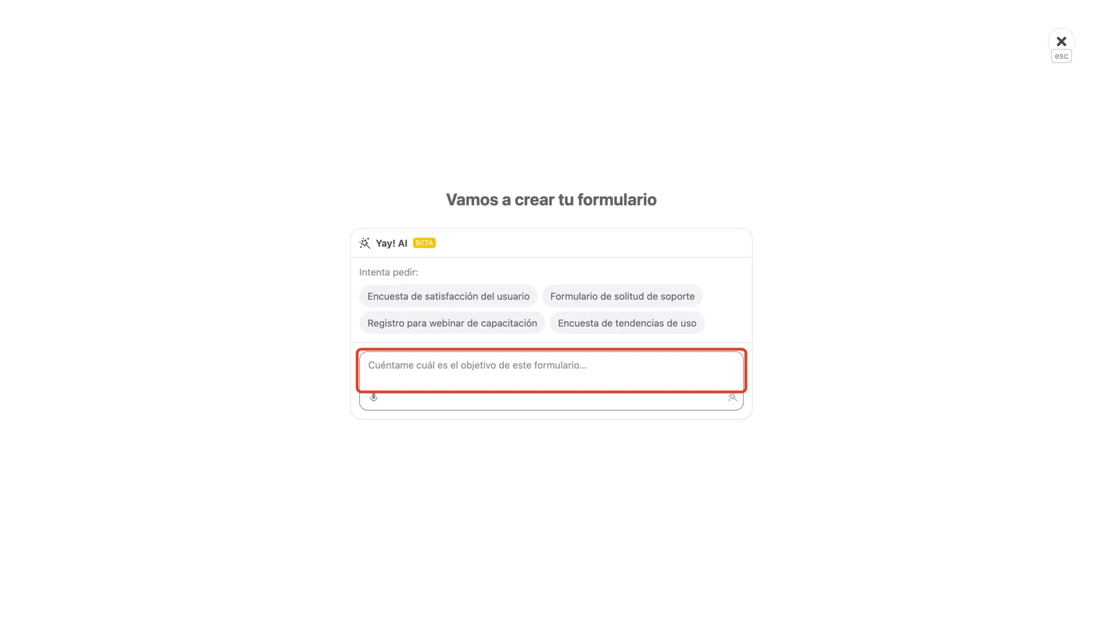 La pantalla de Yay! AI para describir el objetivo del formulario