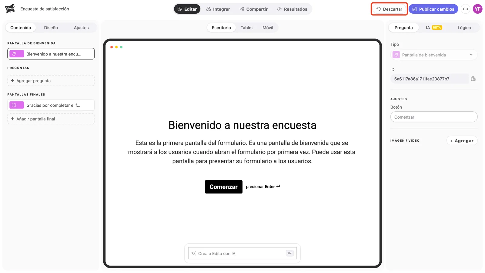 El botón Descartar resaltado en la parte superior del editor, junto a Publicar cambios