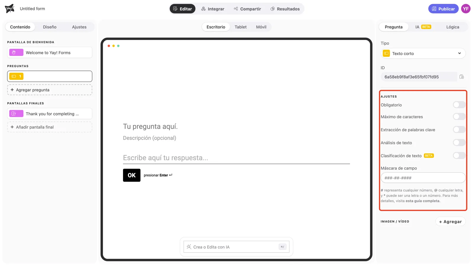 La sección Ajustes del panel de la pregunta resaltada