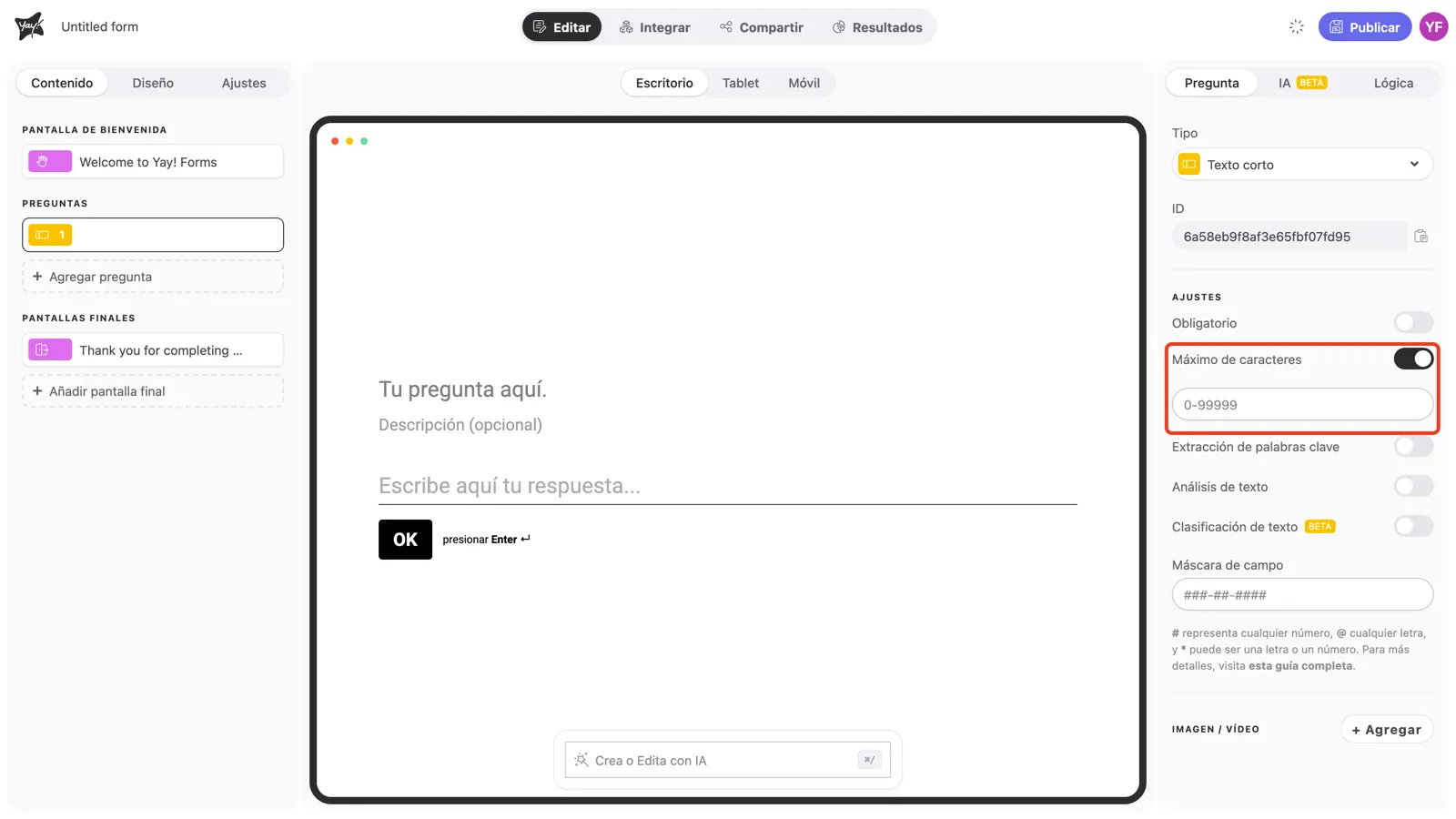 El toggle Máximo de caracteres activado, con el campo de límite debajo