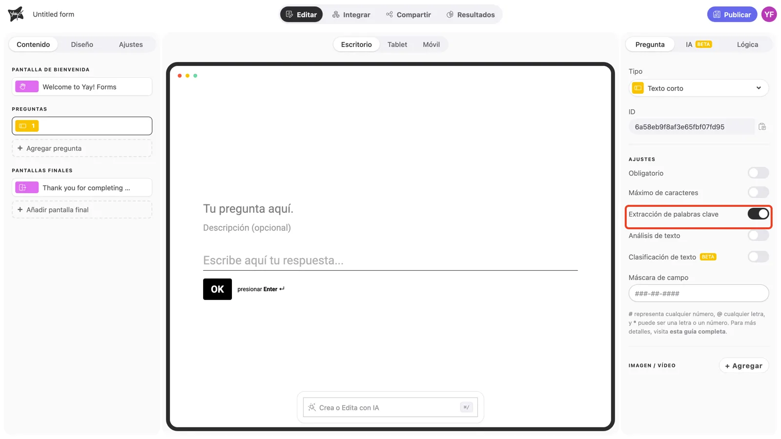 El toggle Extracción de palabras clave activado en la configuración de la pregunta