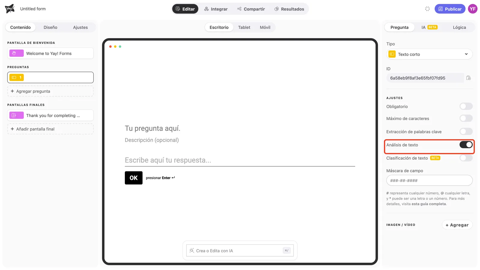 El toggle Análisis de texto activado en la configuración de la pregunta