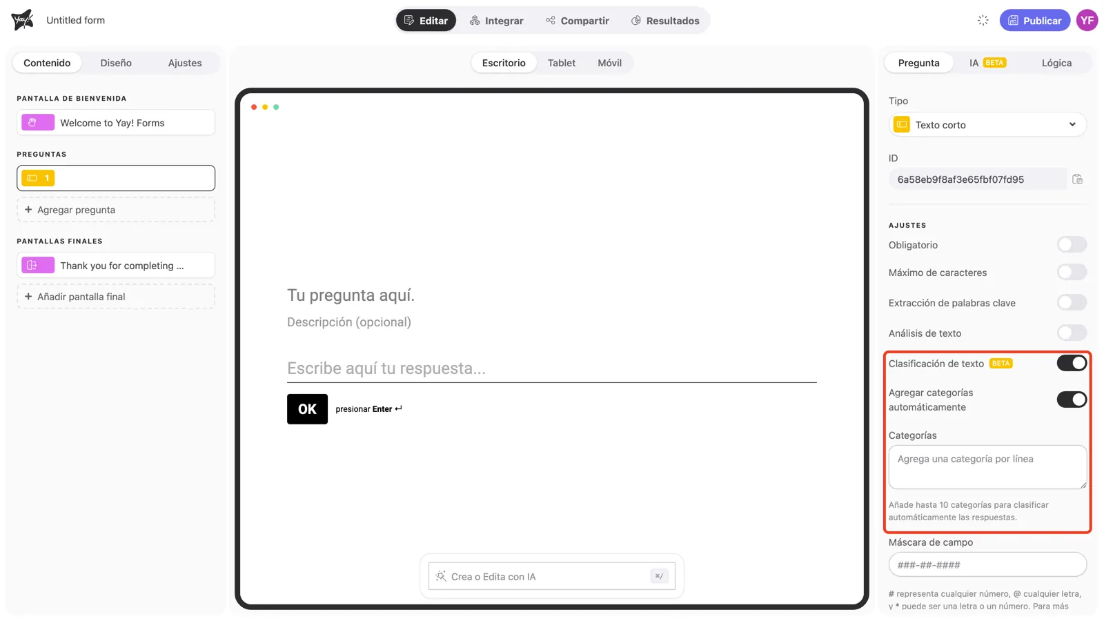 El toggle Clasificación de texto activado, con Agregar categorías automáticamente y el cuadro Categorías