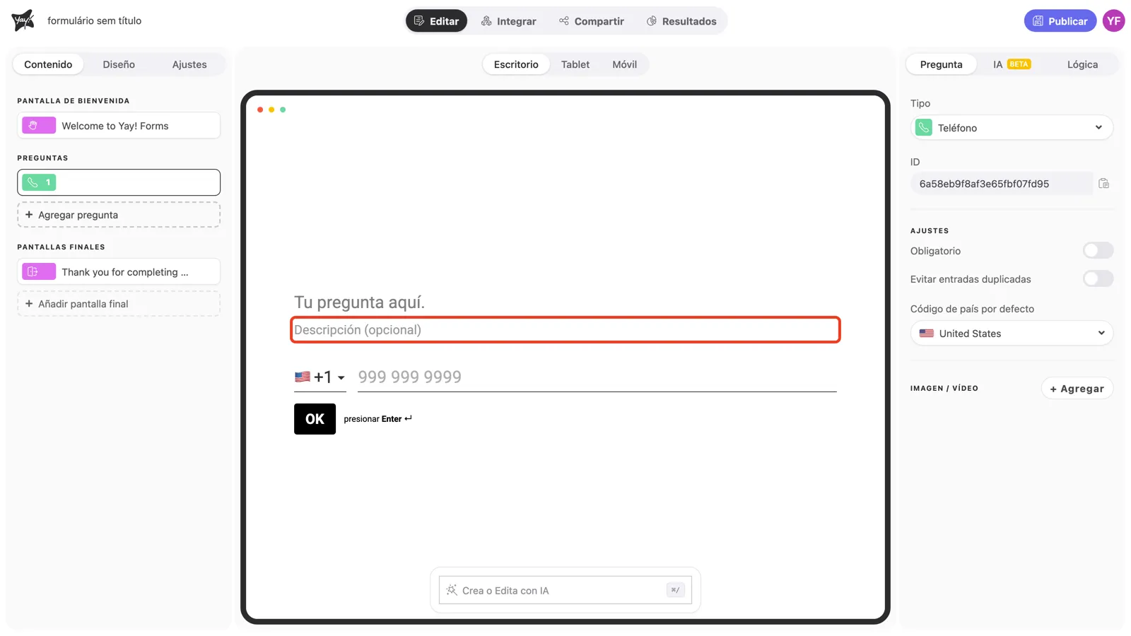 El campo opcional de descripción resaltado en el lienzo