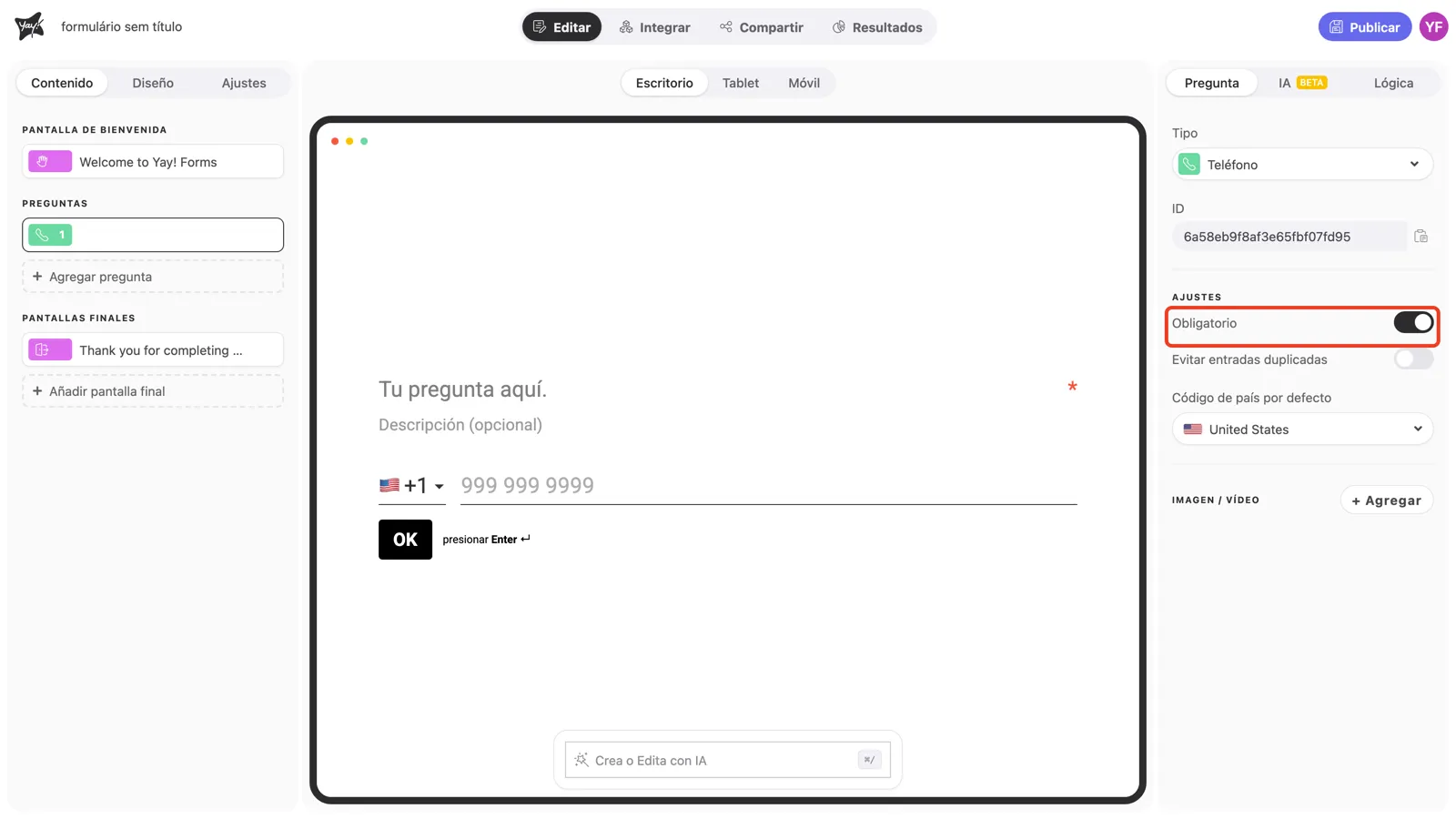 El toggle Obligatorio activado en la configuración de la pregunta