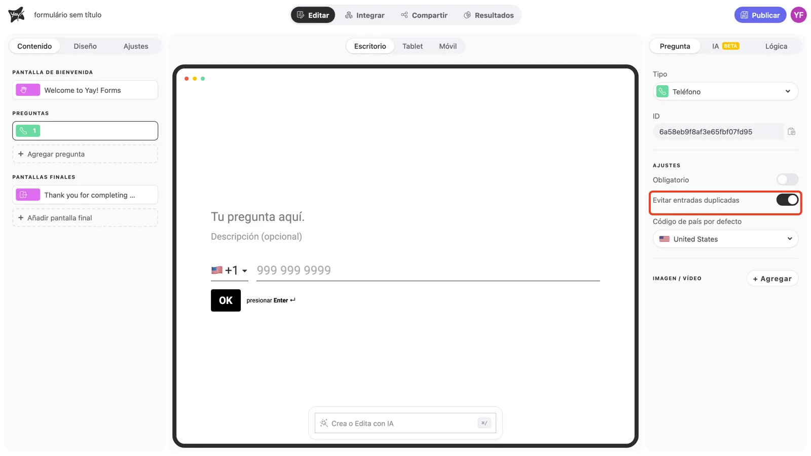 El toggle Evitar entradas duplicadas activado en la configuración de la pregunta