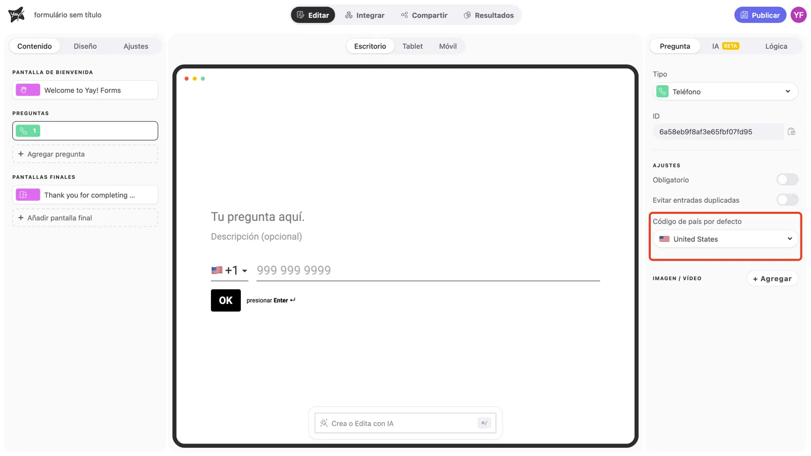 El ajuste Código de país por defecto resaltado en la configuración de la pregunta