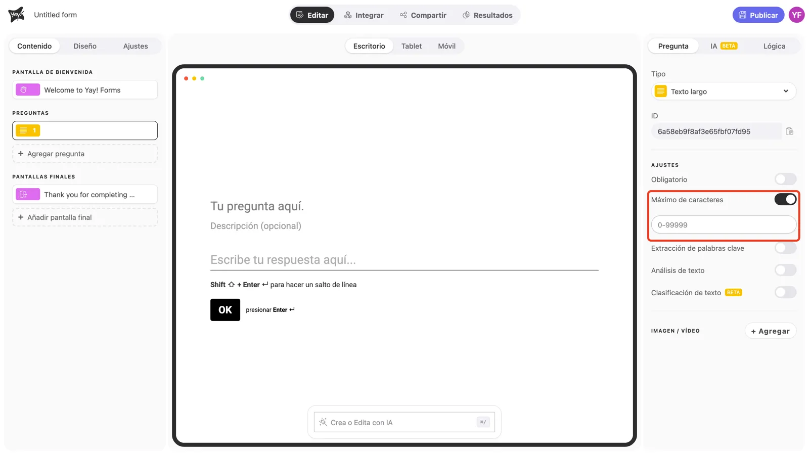 El toggle Máximo de caracteres activado, con el campo de límite debajo