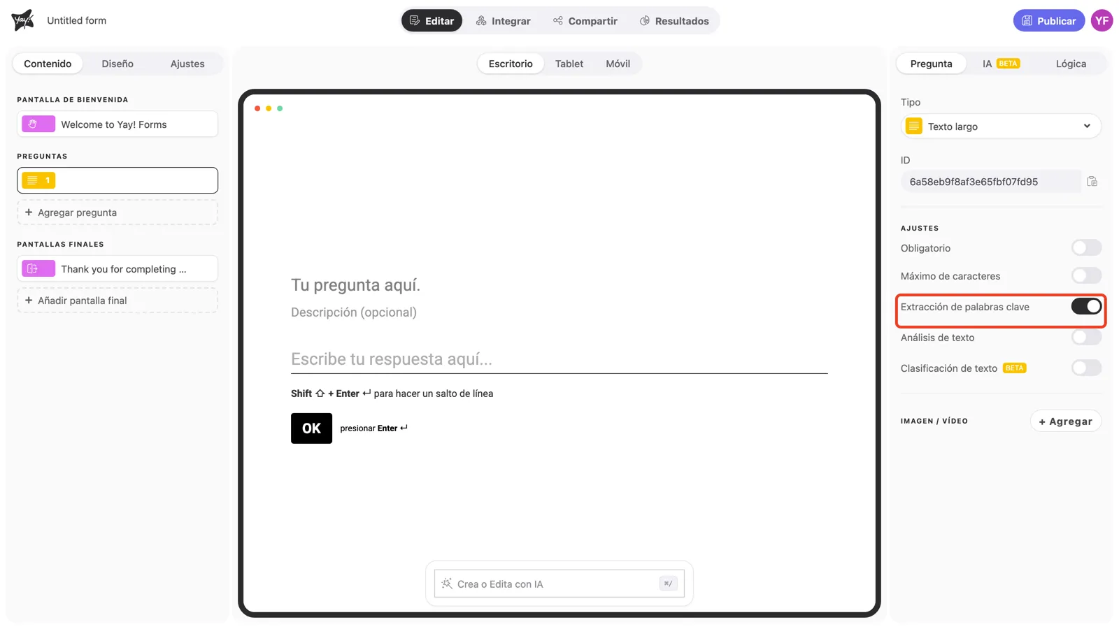 El toggle Extracción de palabras clave activado en la configuración de la pregunta