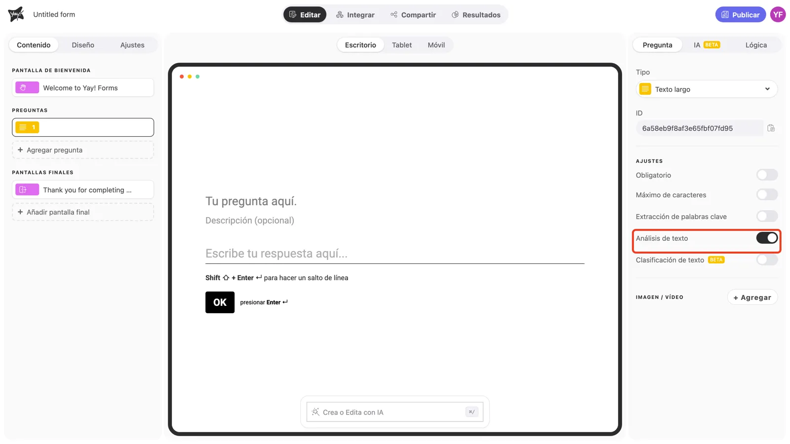 El toggle Análisis de texto activado en la configuración de la pregunta