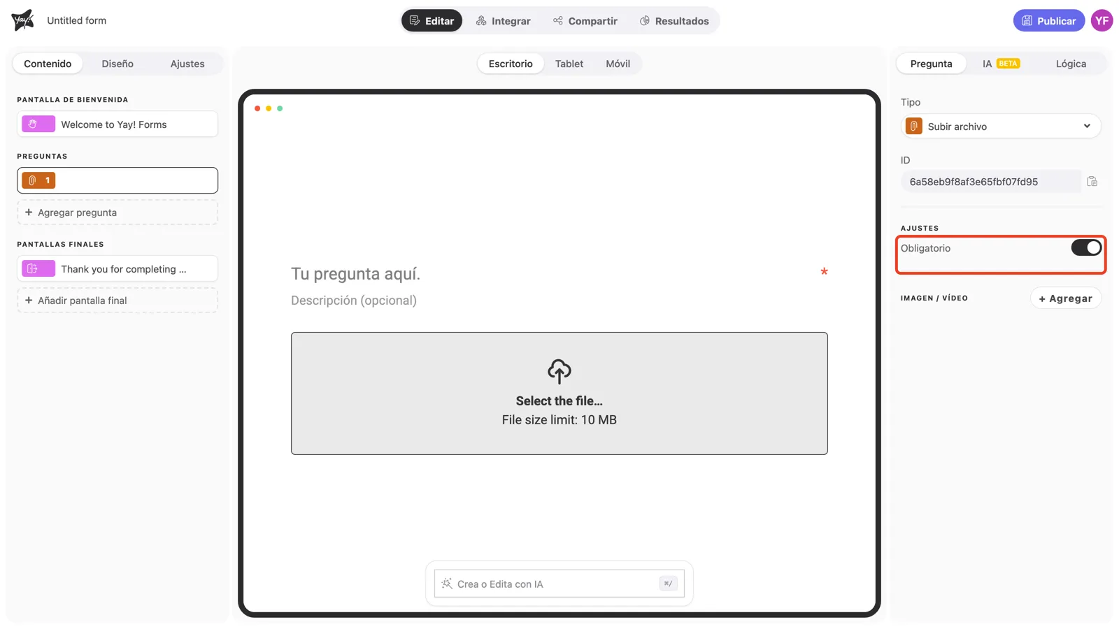 El toggle Obligatorio activado en la configuración de la pregunta