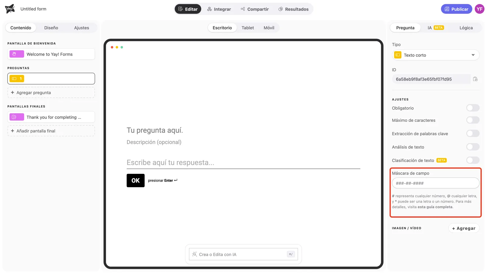 El campo Máscara de campo resaltado en la configuración de la pregunta
