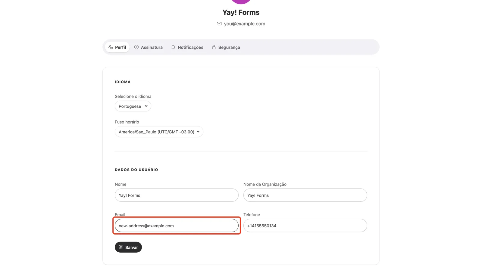 A seção Dados do Usuário com um novo endereço no campo Email