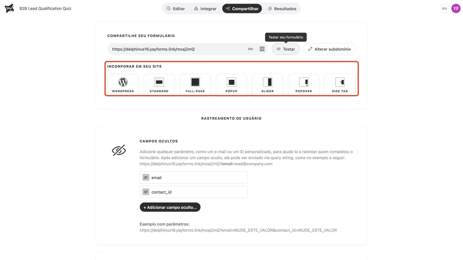 As opções de incorporação na aba Compartilhar