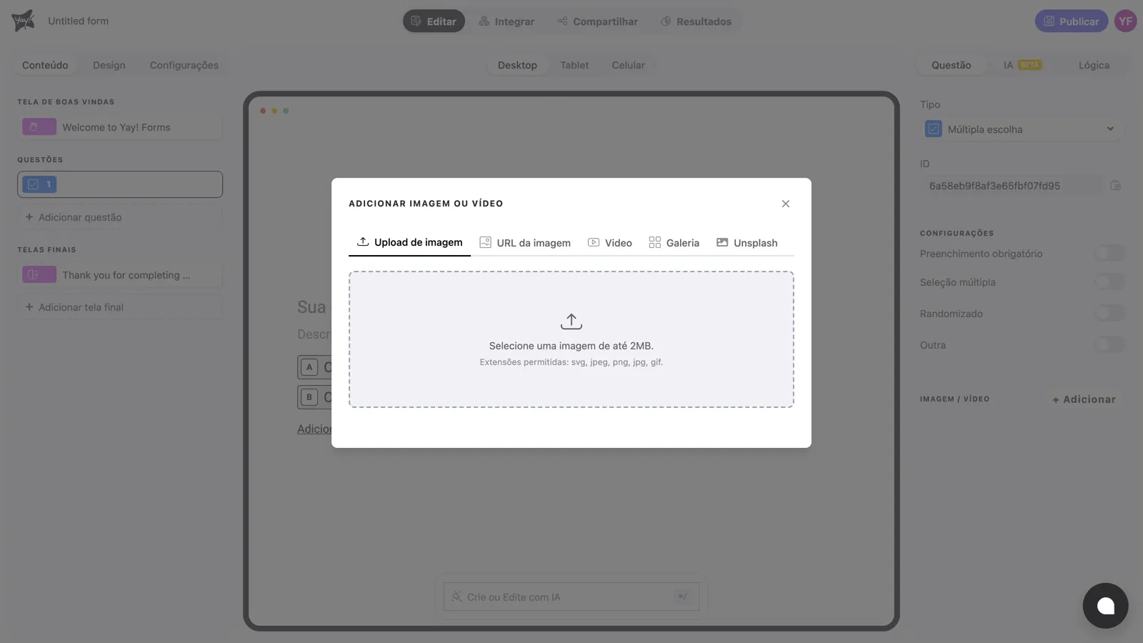 O painel Adicionar imagem ou vídeo aberto na aba Upload de imagem