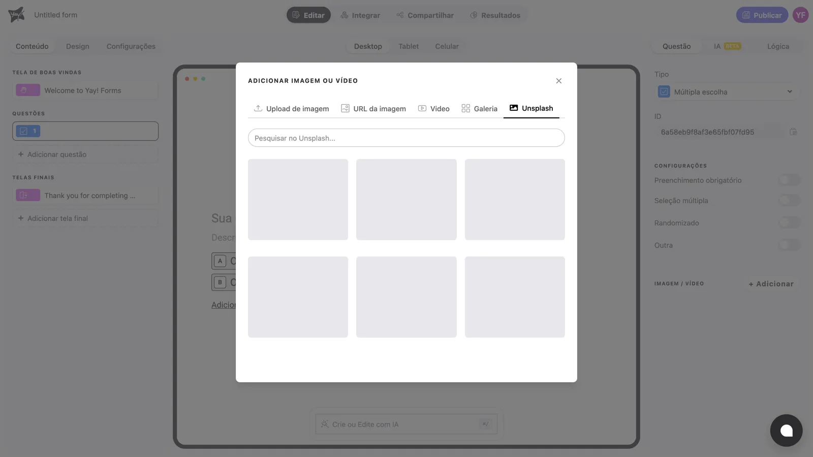 A aba Unsplash no painel de mídia