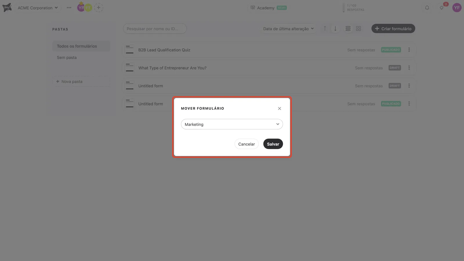 Selecionando o workspace de destino na janela Mover formulário