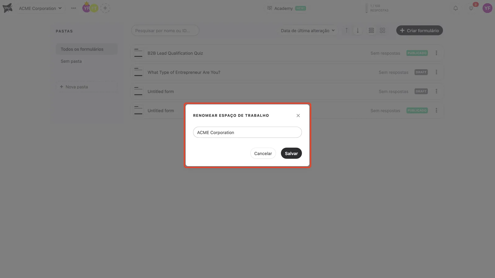 Digitando um novo nome de workspace na janela de renomear