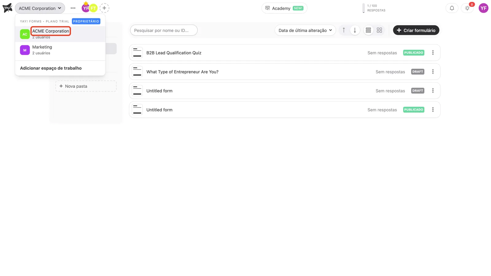O seletor de workspaces com um workspace selecionado