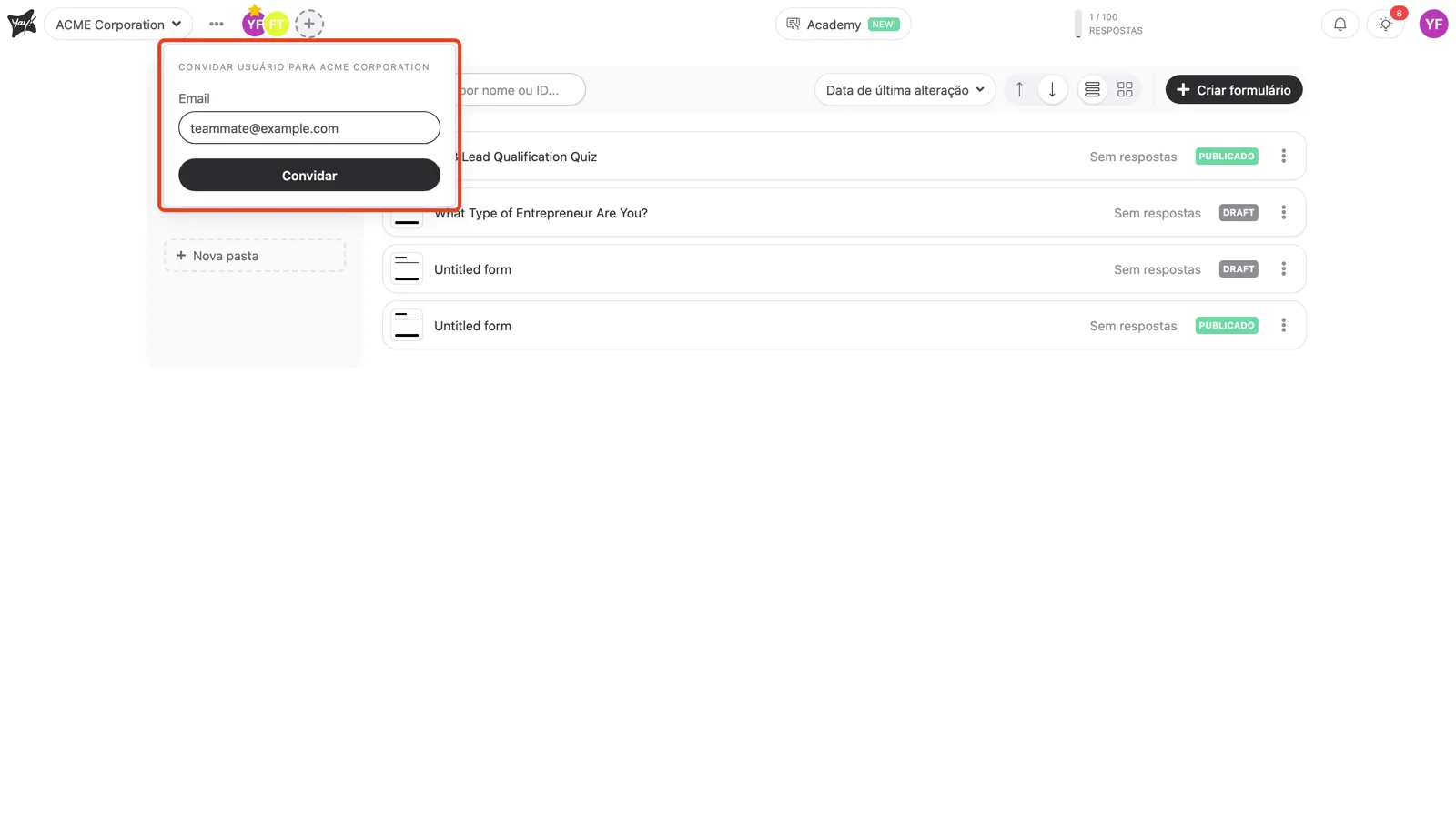 Informando um e-mail no painel de convite