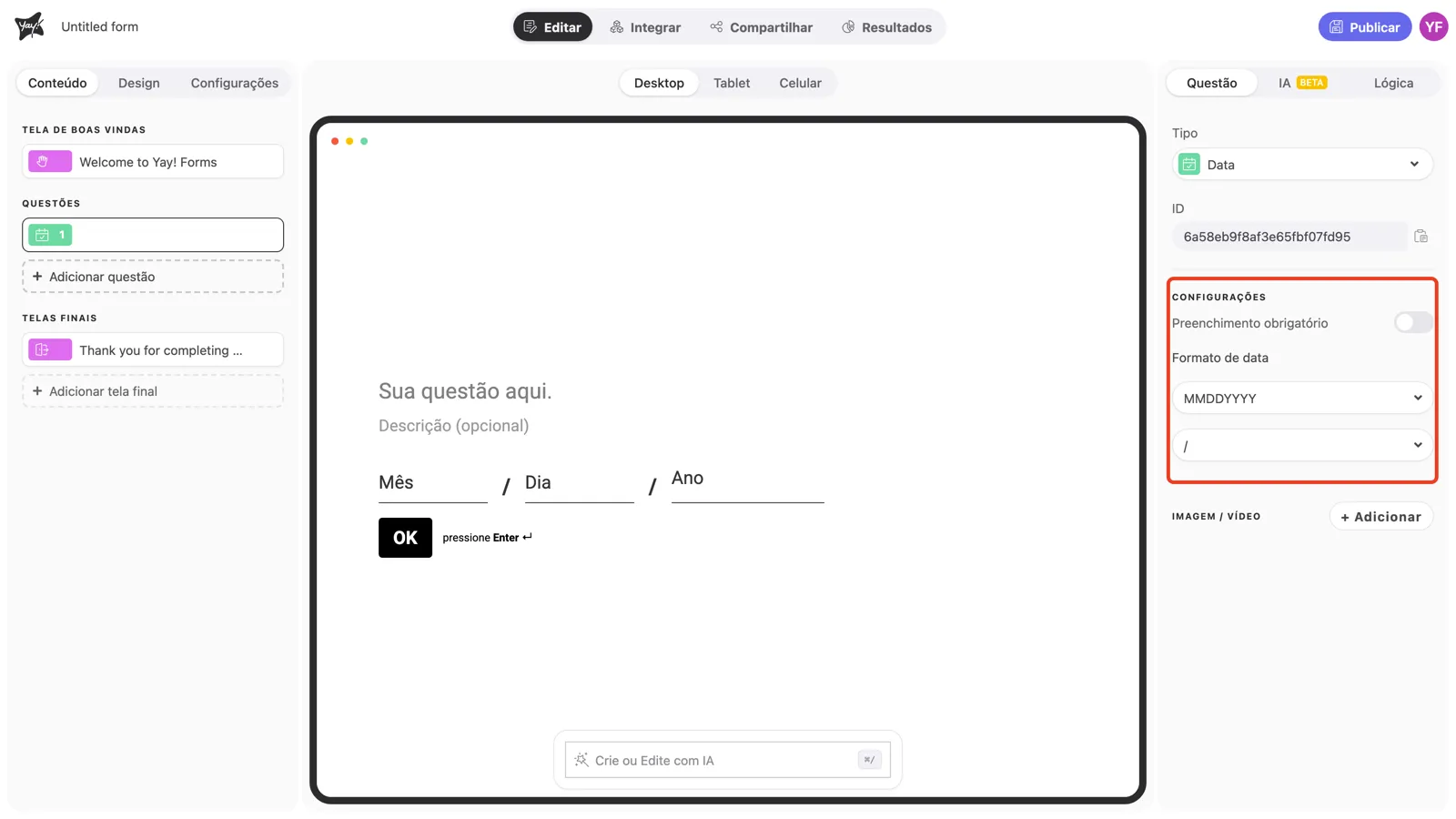 A seção Configurações do painel da pergunta em destaque