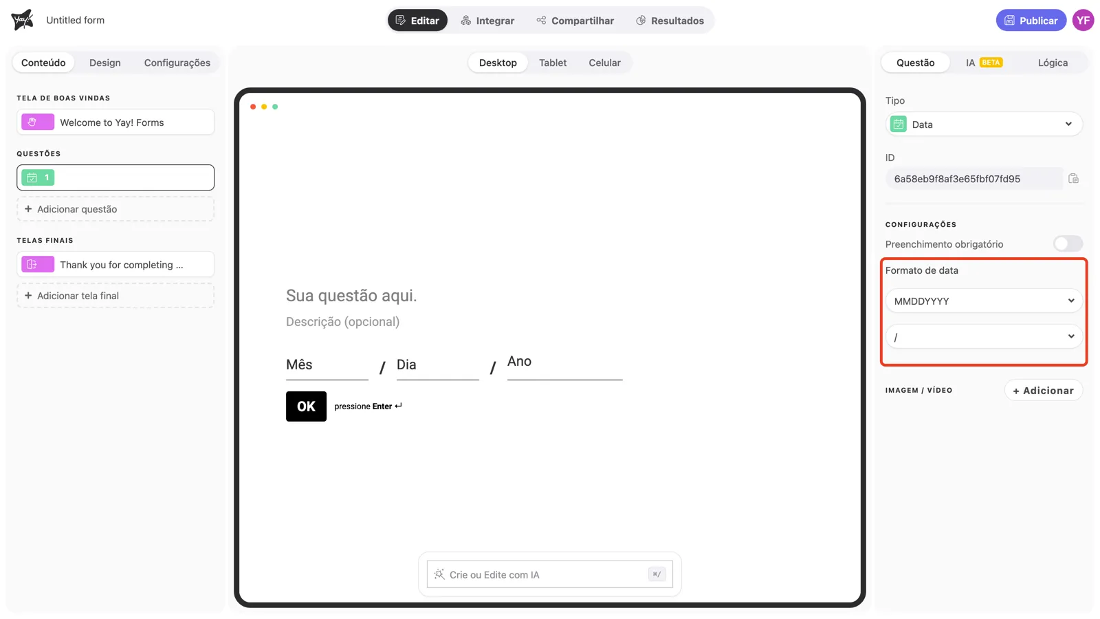 Os dropdowns de Formato de data em destaque nas configurações da pergunta