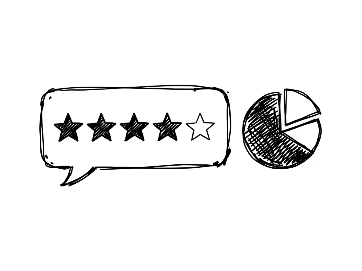 Ilustração desenhada à mão de um balão de fala com cinco estrelas, quatro delas preenchidas, ao lado de um pequeno gráfico de pizza