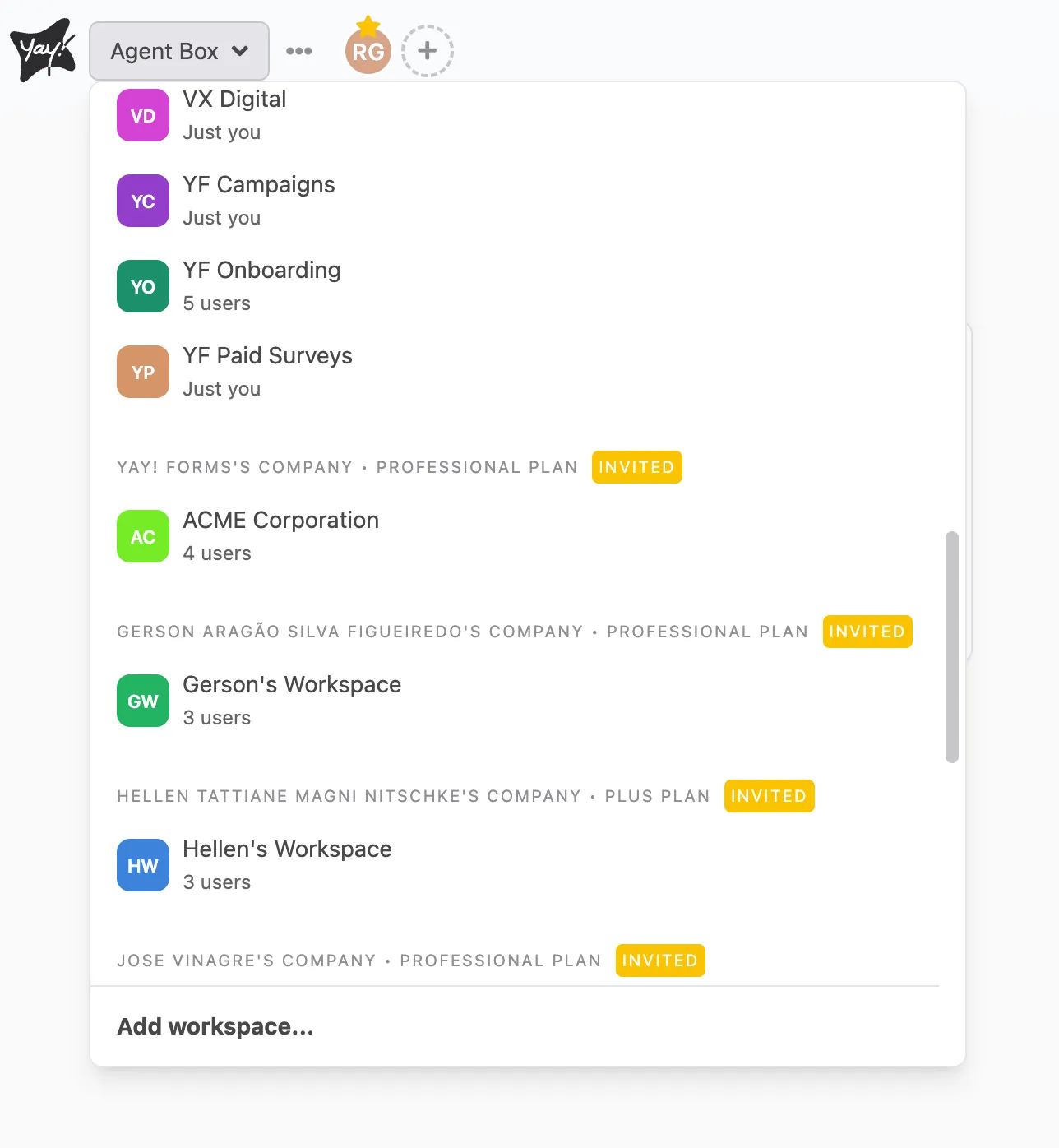 Novo Visual do Dropdown de Espaços de Trabalho