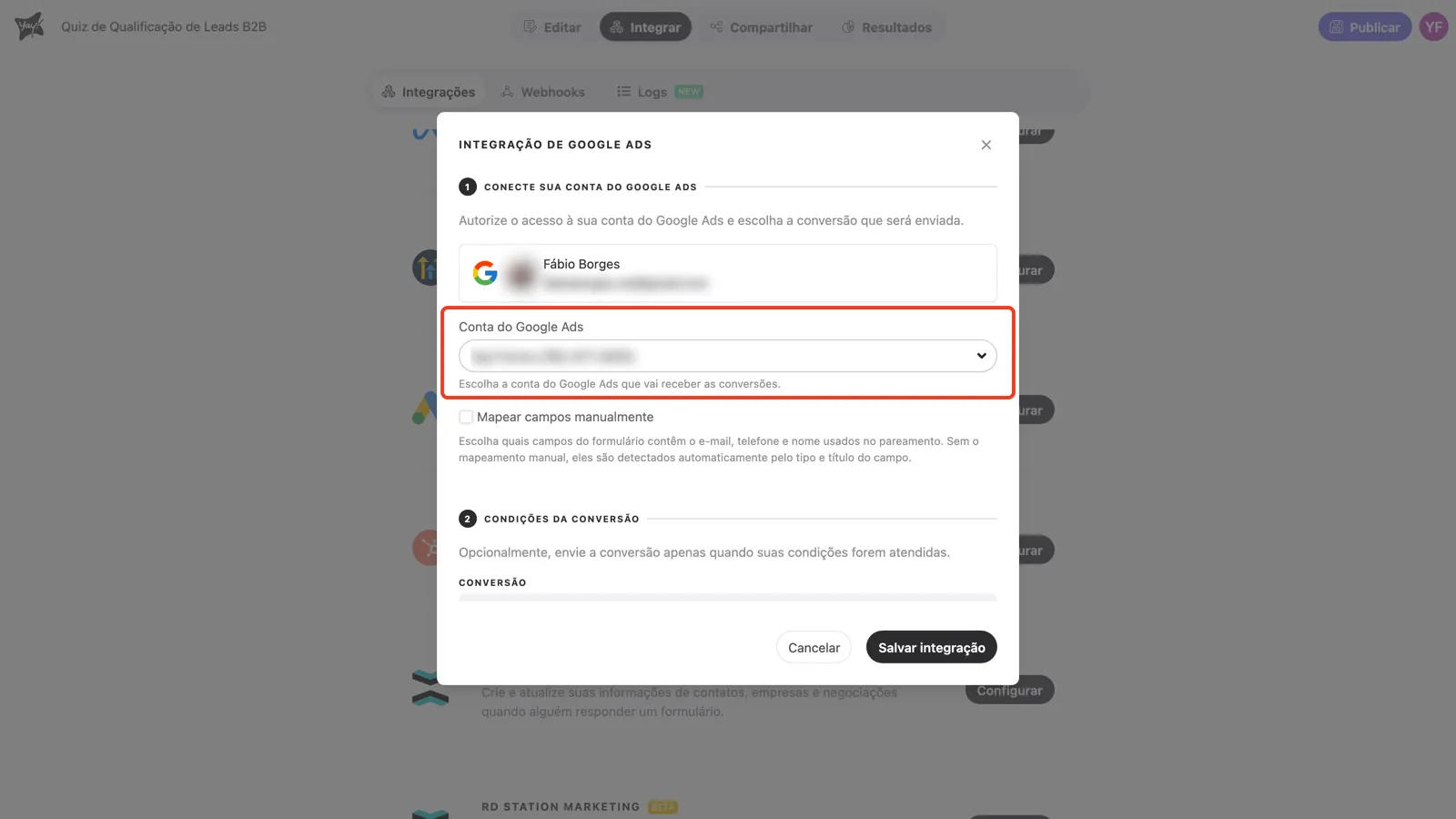 O campo Conta do Google Ads com uma conta selecionada