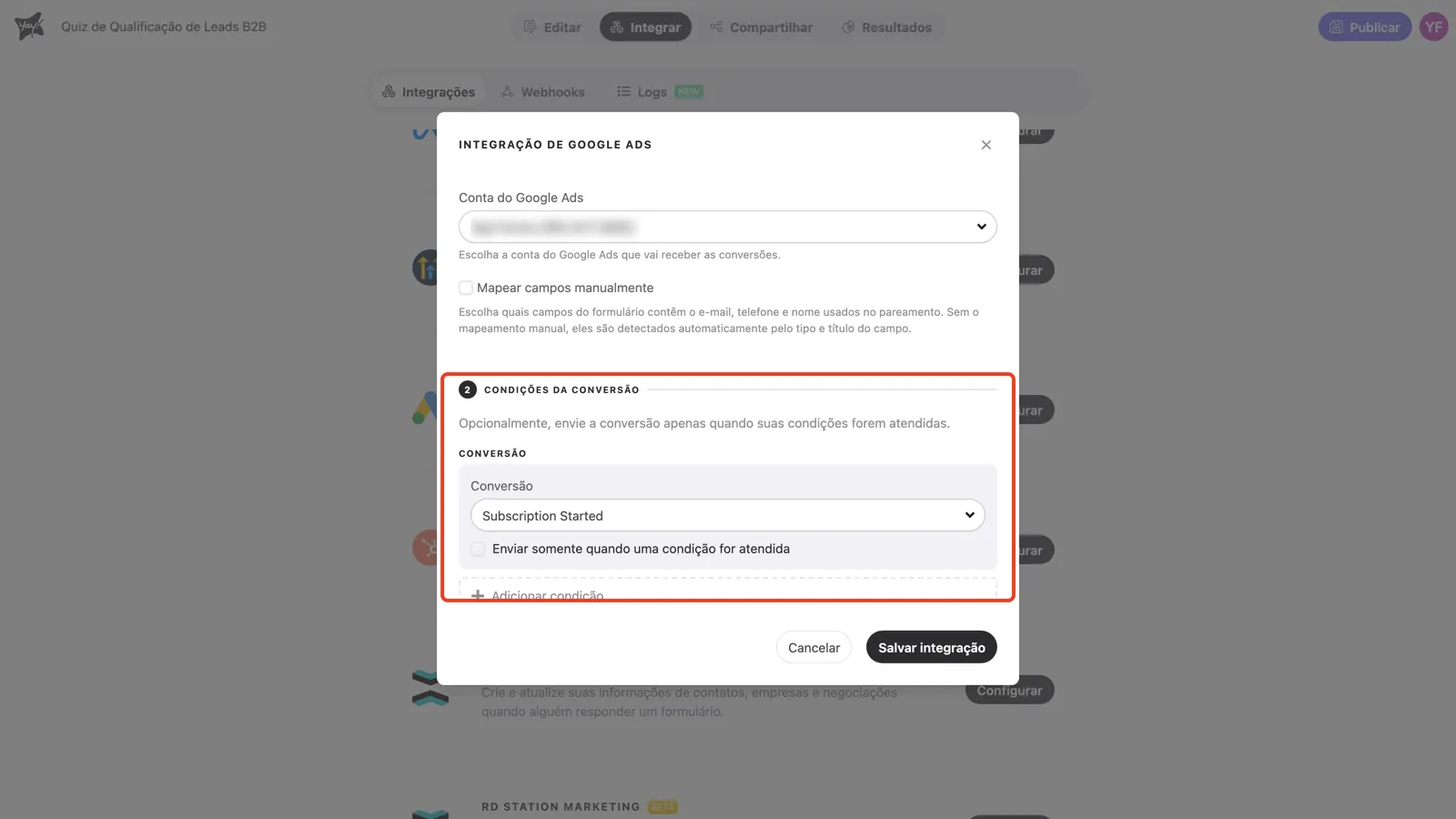 A etapa 2 com uma ação de conversão selecionada no menu Conversão