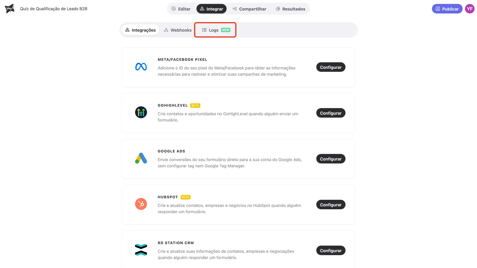 A tela de integrações com a aba Logs em destaque
