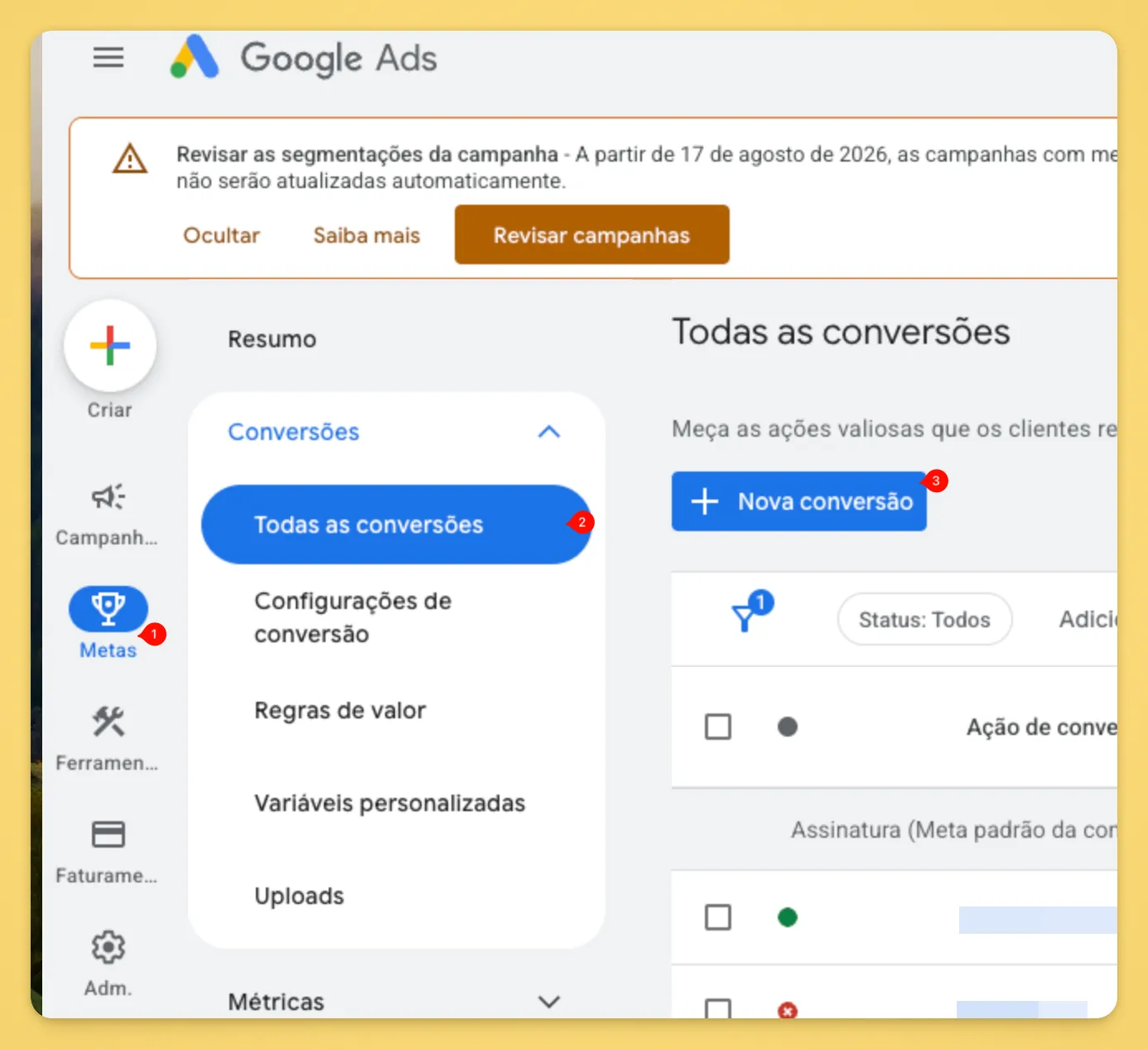 O menu Metas do Google Ads aberto em Conversões, com Todas as conversões e o botão Nova conversão numerados