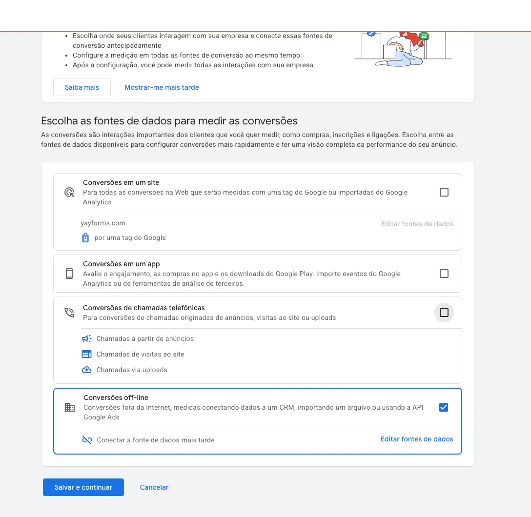 A tela de fontes de dados do Google Ads com a opção Conversões off-line marcada
