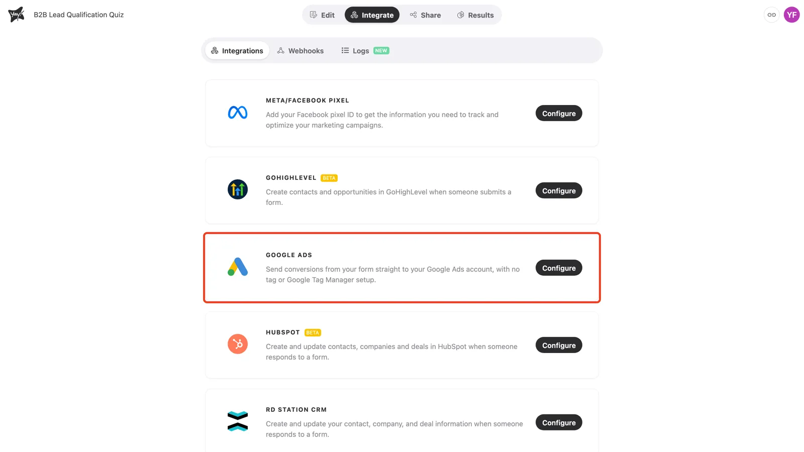 The Integrate tab with the Google Ads card highlighted
