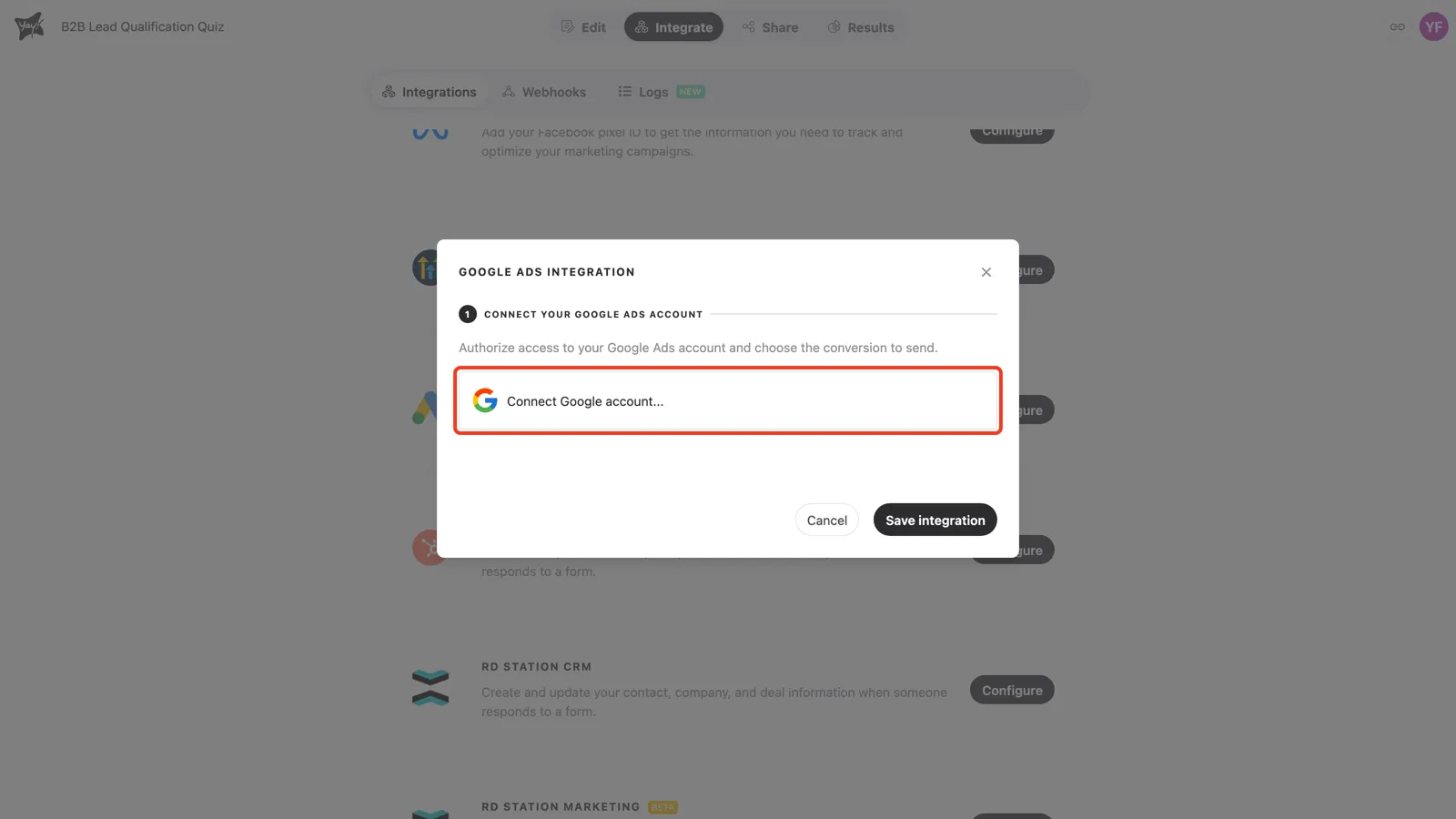 Step 1 of the integration modal, with the Connect Google account option highlighted