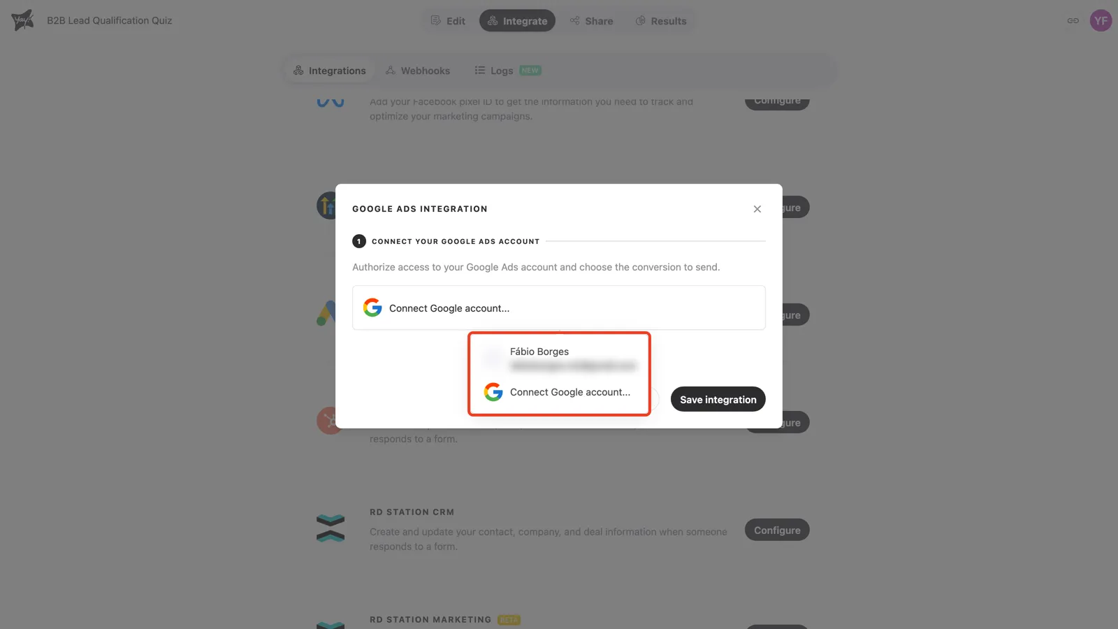 The account dropdown listing the connected Google account and the option to connect another one