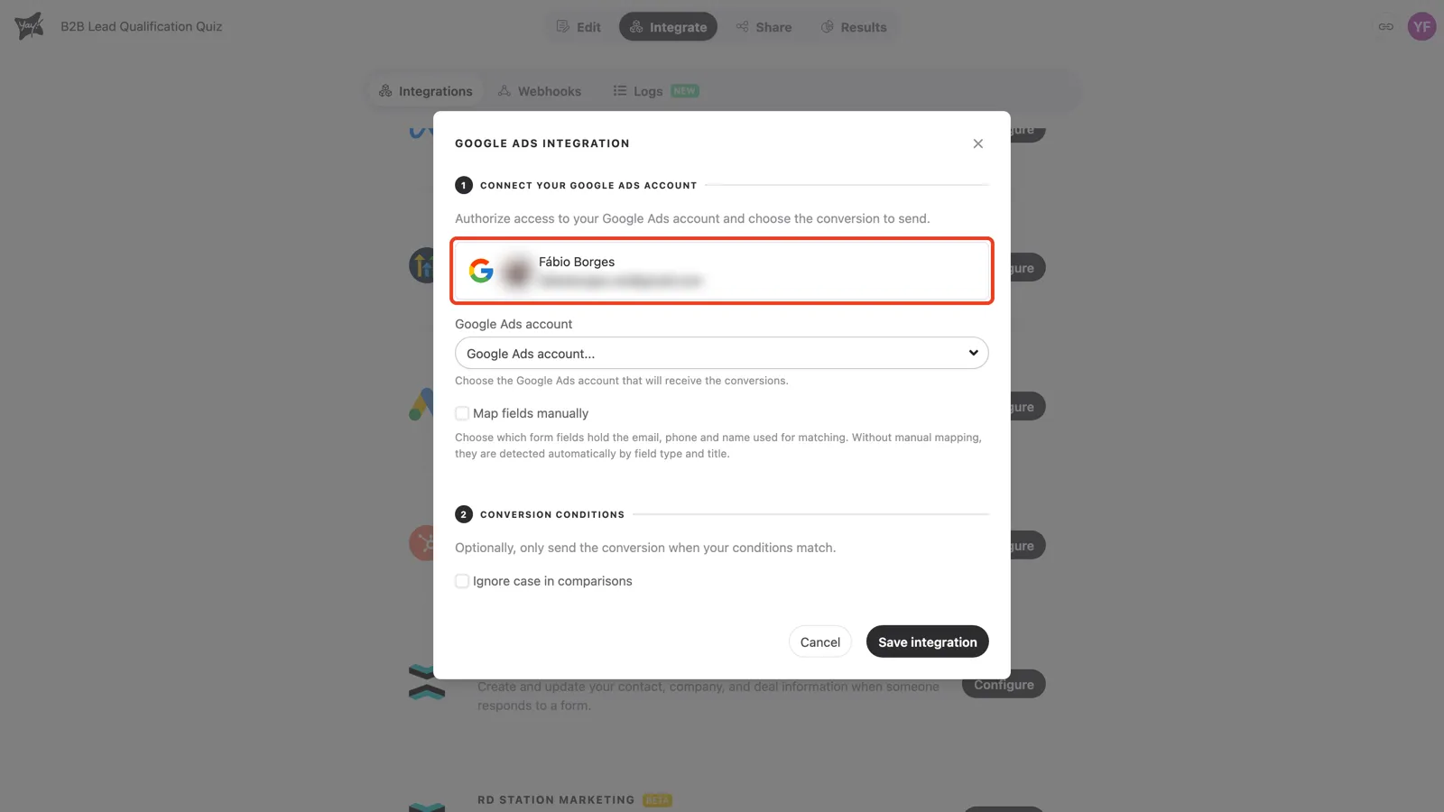 The connected Google account card, with the rest of the integration form now visible
