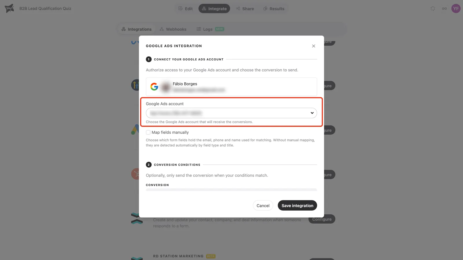 The Google Ads account field with an account selected