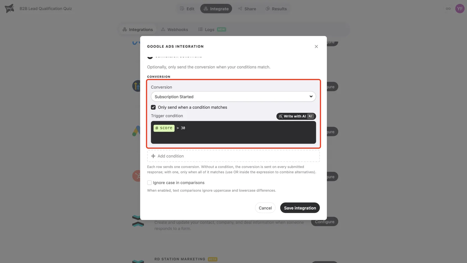 The condition enabled with the expression score greater than 30 in the Trigger condition editor