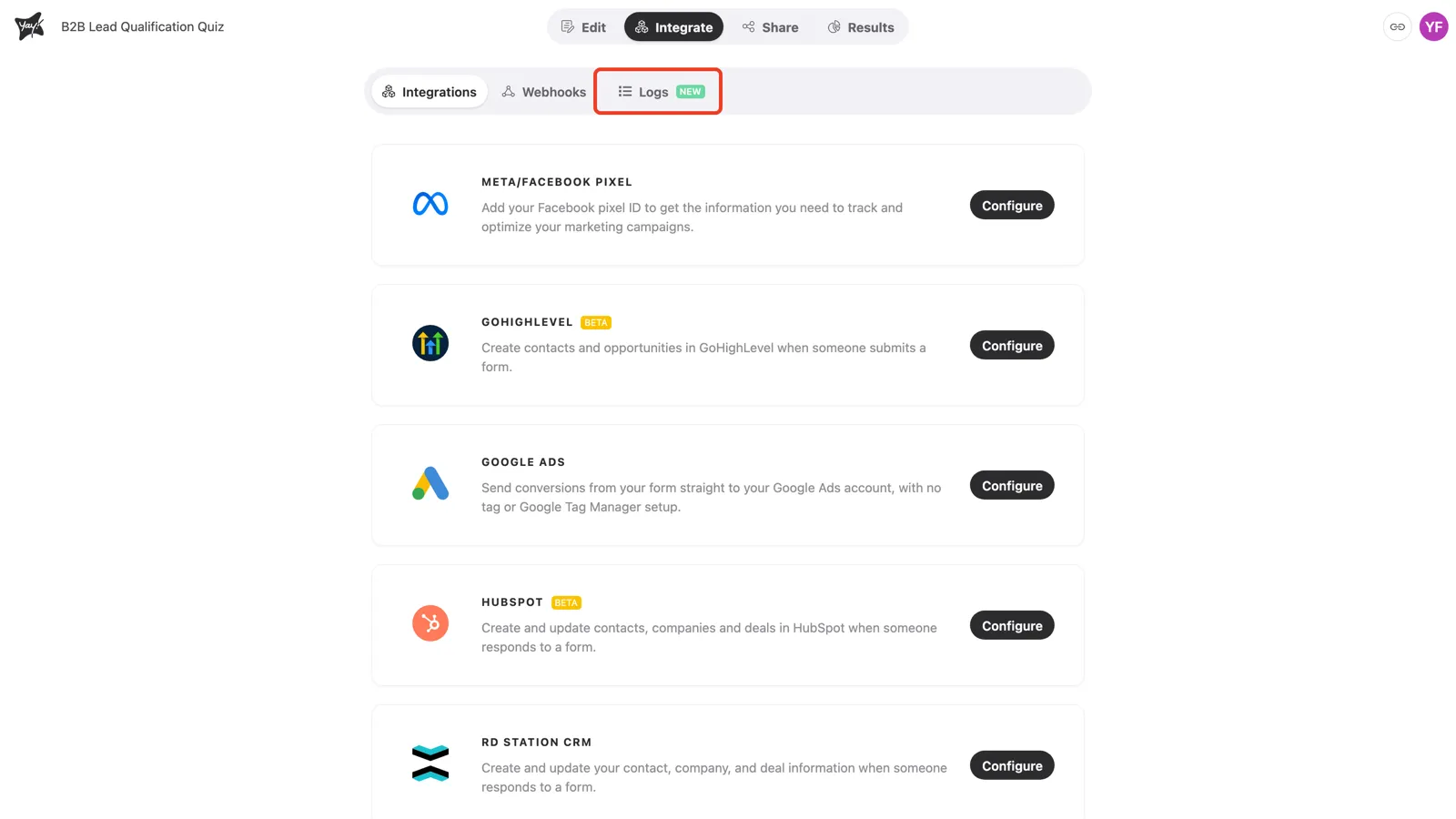The Integrate screen with the Logs tab highlighted