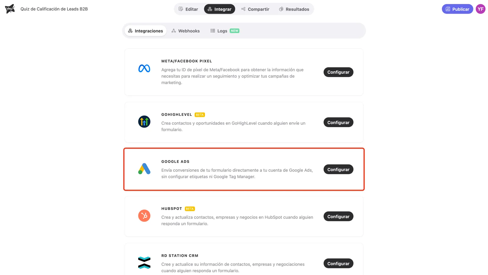 La pestaña Integrar con la tarjeta de Google Ads resaltada
