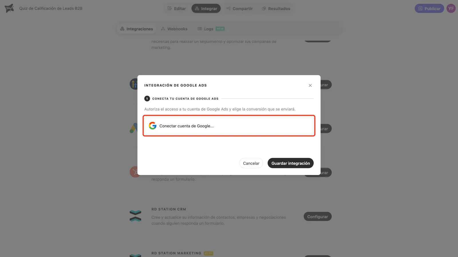El paso 1 del modal de la integración, con la opción Conectar cuenta de Google resaltada