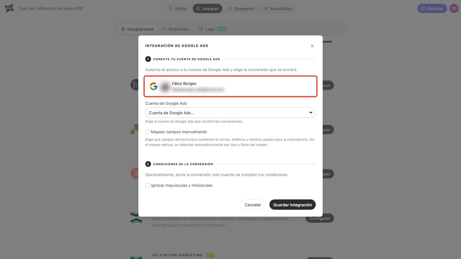 La tarjeta de la cuenta de Google conectada, con el resto del formulario de la integración visible